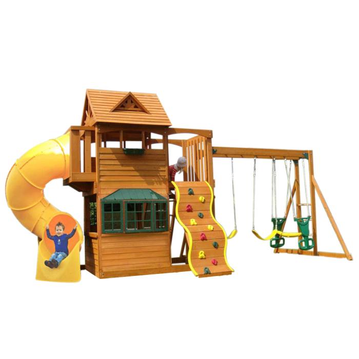 Complex de joaca din cedru SandPoint Deluxe- Centru cu tobogan elicoidal  si 2 nivele - Big Backyard PlayCentre